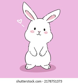 Vector lindo conejo blanco esponjoso aislado en un fondo rosado con poco corazón. Ilustración de Pascua del conejito de dibujos animados. Ideal para ducha de bebé, tarjeta de saludo de Pascua o afiche, huella de ropa de bebé.