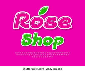 Flyer de vetor bonito Rose Shop. Fonte rosa brilhante. Conjunto moderno de letras e números do alfabeto legal