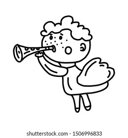 Vector cute flying angel in Doodle style blowing a horn. Hand drawn style. Perfect for invitations or greeting cards.