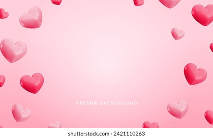 Vector cute flying pink hearts background. Glossy realistic 3d render heart balloons on soft gradient pink background with copy space. Valentines day wallpaper, cartoon 3d design for web, greeting.