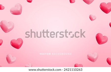 Vector cute flying pink hearts background. Glossy realistic 3d render heart balloons on soft gradient pink background with copy space. Valentines day wallpaper, cartoon 3d design for web, greeting.