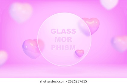 Vetor fofo voando corações violeta rosa com efeito de vidraceiro e espaço de cópia. Brilhante realístico 3d renderizar corações no fundo rosa Valentines dia papel de parede, desenho animado 3d para web, saudação.