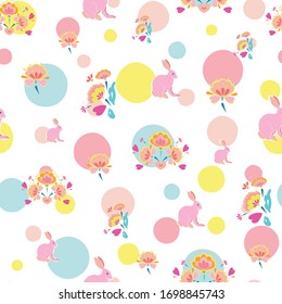 Vector cute folk art dotted easter rabbit pattern on white background. Happy spring design. Event and holidays. Surface pattern design.