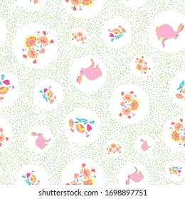 Vector cute folk art dotted easter rabbit pattern on textured background. Happy spring design. Event and holidays. Surface pattern design.