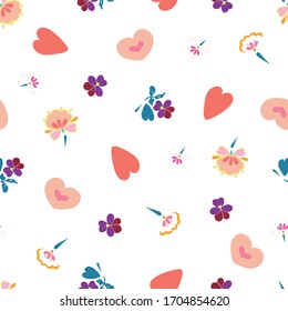 Vector cute folk art dotted ditsy viola pattern on white background. Happy spring design. Event and holidays. Surface pattern design.