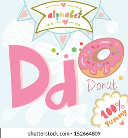 Vector Cute Food  Alphabet D" Donut. Made with love. 100%Yummy)