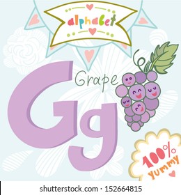Vector Cute Food  Alphabet "G" Grape. Made with love. 100%Yummy)