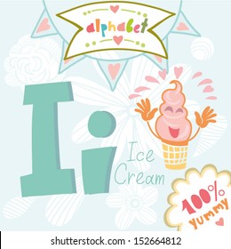 Vector Cute Food  Alphabet "I" Ice cream. Made with love. 100%Yummy)