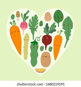 Vector cute food background. Vegetables in a Heart shape. Seasonal spring vegetables illustration - Potato, Carrot, Arugula, Beet, Radish, Sweet Peas, Morel Mushroom, Asparagus.