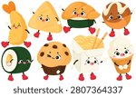 Vector cute food characters with tempura shrimp nachos sushi takoyaki sushi roll muffin noodle box and ice cream