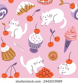 Vector cute food seamless pattern design. Stylized cakes, cats and cherry on light pink  background. Vector fruit and bakery seamless texture. Dessert illustrated print in hand-drawn style.