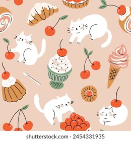 Vector cute food seamless pattern design. Stylized cakes, cats and cherry on light pink  background. Vector fruit and bakery seamless texture. Dessert illustrated print in hand-drawn style.