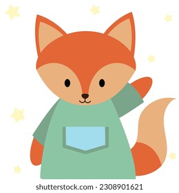 Vector with cute forest animal - Mr. Fox Illustration. Cartoon character, little boy or little girl. Kawaii cartoon in shirt. Hello Baby Card. Yellow stars Backgroud.