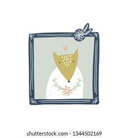 Vector cute fox animal painting portrait in frame. Child cute illustration, nursery decor. Baby style art