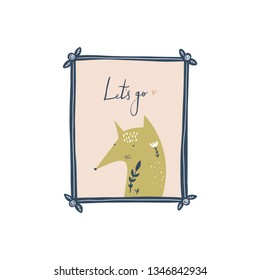 Vector cute fox animal painting portrait in frame. Child cute illustration, nursery decor. Baby style art
