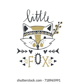 Vector cute fox. Cartoon style. Tribal animals portrait. Doodle illustration. 