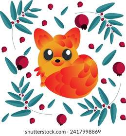 Vector Cute fox character illustration with branches, berries, leaves