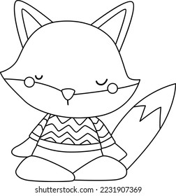a vector of a cute fox doing yoga in black and white coloring