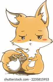 Vector cute fox eating cake, can be used as a card