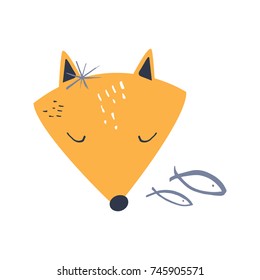 Vector cute fox and fishes. Poster, postcard, sticker, print, illustration, elements for design and other.