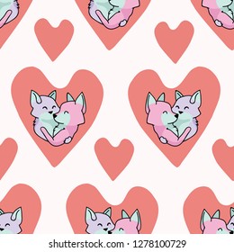Vector cute fox hug hearts. Seamless repeat pattern. Hand drawn 2 foxy animals hugging inside love heart for romantic valentines day, wedding or pet anniversary background. Free hug concept.