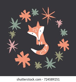 Vector cute fox illustration and frame.