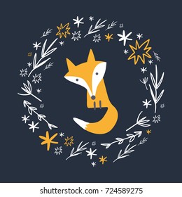 Vector cute fox illustration and frame.