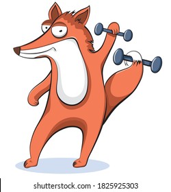 Vector cute fox illustration, nursery animal, cartoon character clipart. Lovely fox goes in for sports, lifts dumbbells