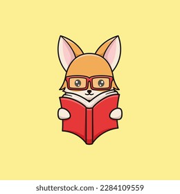 Vector Cute Fox Illustration Reading A Book. Kawaii Animal Cartoon Character For Banner, Poster, Icon, and Mascot
