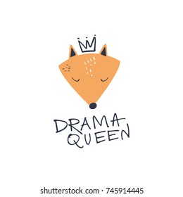 Vector cute fox and inscription "Drama queen". Poster, postcard, sticker, print, illustration, elements for design and other.