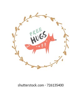Vector cute fox and inscription "Free hugs". Poster, postcard, print, illustration, sticker, label and other.