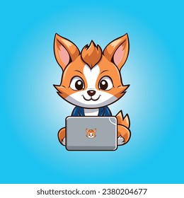 Vector cute fox with laptop cartoon illustration