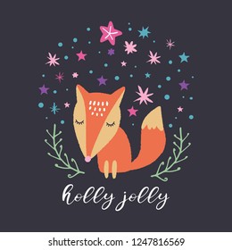 Vector cute fox. Merry Christmas, Holly Jolly. Nursery holiday illustration. It can be used for wall art, greeting card, poster, kids apparel.