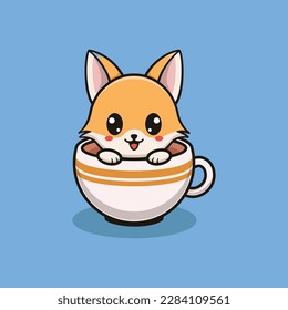 Vector Cute Fox On Coffee Illustration. Kawaii Animal Design For Banner, Poster, Icon, Mascot