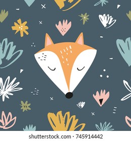 Vector cute fox and pattern. Poster, postcard, sticker, print, illustration, elements for design and other.