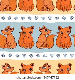 Vector cute fox pattern. Seamless cartoon background. Sitting foxes. 