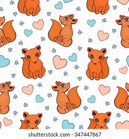 Vector cute fox pattern. Seamless cartoon background. Sitting foxes. 