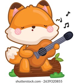 a vector of a cute fox playing guitar