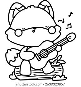 a vector of a cute fox playing guitar in black and white coloring
