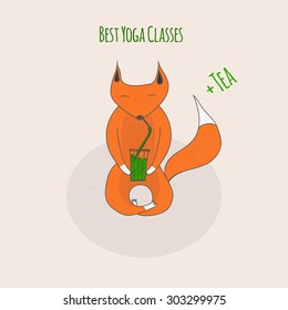 Vector cute fox in yoga pose with green juice in hands. EPS10
