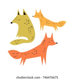 Vector cute foxes, family. Poster, postcard, sticker, print, illustration, elements for design and other.