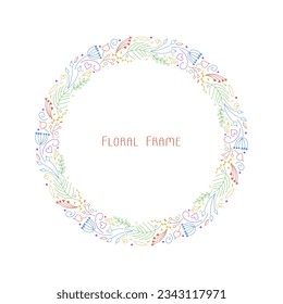 Vector cute frame of hand drawn botanical small elements, twigs, berries, flowers, pine branches in doodle style, isolated 