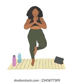Vector cute frican woman in meditation yoga pose vector cartoon character illustration
