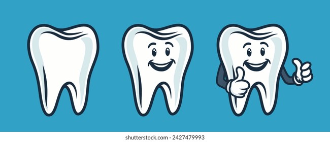 Vector Cute and Friendly Cartoon Tooth. Design Template for Promoting Dental Care and Toothpaste. Promotes Healthy Oral Hygiene. The Smiling Tooth Character, Displaying the LIKE Symbol