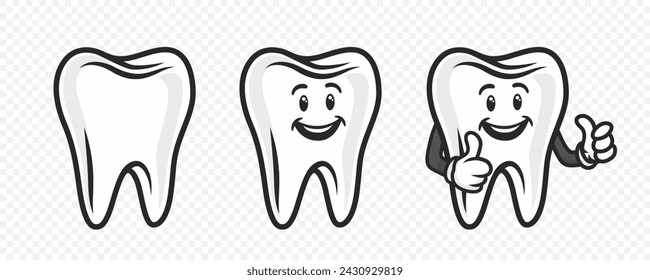 Personaje lindo y amistoso del diente de la historieta del vector. Plantilla de diseño para promover el cuidado dental y la pasta dental. Concepto de higiene bucal saludable. El personaje de dientes sonrientes mostrando gesto de la mano LIKE