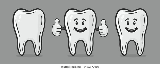 Personaje lindo y amistoso del diente de la historieta del vector. Plantilla de diseño para promover el cuidado dental y la pasta dental. Concepto de higiene bucal saludable. El personaje de dientes sonrientes mostrando gesto de la mano LIKE