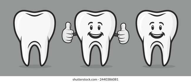 Vector Cute and Friendly Cartoon Tooth Character. Design Template for Promoting Dental Care and Toothpaste. Healthy Oral Hygiene Concept. The Smiling Tooth Character Showing Hand Gesture LIKE