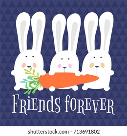 Vector cute friends forever bunnies with carrot illustration background card template