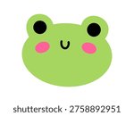 Vector cute frog face with big black eyes and rosy cheeks. Minimalist flat design with cheerful smile. Perfect for stickers, kids apps, and playful decorations.