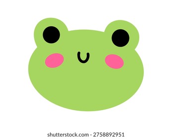 Vector cute frog face with big black eyes and rosy cheeks. Minimalist flat design with cheerful smile. Perfect for stickers, kids apps, and playful decorations.